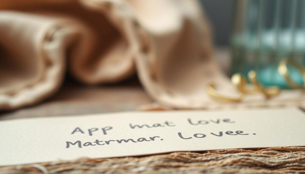 A serene scene of simple, heartfelt words handwritten on a natural, textured surface. The foreground features delicate calligraphy in soft, earthy tones, conveying a message of maternal love and appreciation. The middle ground showcases the words in a gentle, unassuming layout, allowing the viewer to focus on their meaning. The background is a blurred, tranquil composition of muted colors and natural elements, such as soft fabric or weathered wood, creating a warm, inviting atmosphere. The lighting is soft and diffused, highlighting the organic, handcrafted quality of the words. The overall mood is one of sincerity, intimacy, and the power of simple, heartfelt expressions.