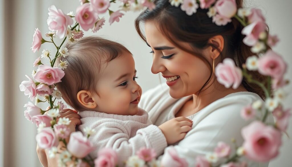 A serene, soft-focus scene depicting a mother and child in a warm embrace, surrounded by a delicate floral wreath. The mother's face is radiating with love, her eyes shining with pride and joy as she gazes upon her child. The child, nestled in her arms, returns the affectionate gaze, their expressions conveying a deep, unspoken bond. The image is bathed in a gentle, diffused light, creating a dreamlike, sentimental atmosphere. Pastel hues of pink, lavender, and sage green dominate the palette, lending a sense of tenderness and care. The overall composition evokes a heartfelt celebration of the cherished relationship between a mother and her child.