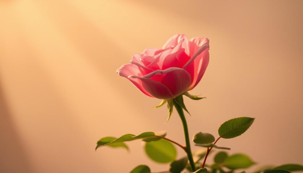 A serene, soft-focus scene of a delicate pink rose blooming against a dreamy, muted background. Hazy rays of warm, golden light filter through the petals, casting a gentle, sentimental glow. The rose's stem emerges from a bed of lush, verdant greenery, symbolizing the nurturing embrace of a mother's love. Diffused, atmospheric lighting creates a contemplative, emotive mood, inviting the viewer to reflect on the significance of motherhood and the heartfelt sentiments of Mother's Day.