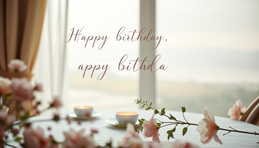 A serene, softly lit birthday scene featuring elegant calligraphic birthday wishes for a mother. In the foreground, a delicate floral arrangement in pastel hues frames the calligraphy. The middle ground showcases a minimalist table setting with a single tea light and a sprig of greenery, creating a cozy, intimate atmosphere. The background depicts a muted, dreamlike landscape, suggesting a tranquil, contemplative mood. The overall composition conveys a sense of heartfelt sentiments, poetic phrasing, and reverence for the nurturing presence of a mother on her special day.