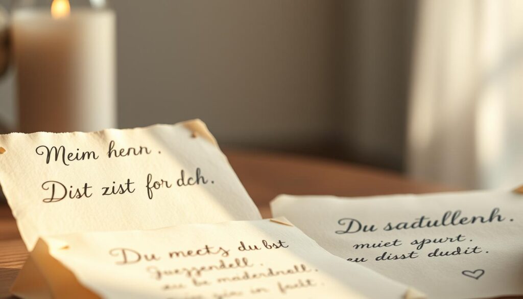 A serene, softly-lit composition featuring handwritten calligraphic phrases elegantly inscribed on delicate, cream-colored parchment. The words, in a mix of cursive and printed script, convey heartfelt sentiments honoring motherhood, such as "Mein Herz für dich", "Du bist ein Geschenk", and "Mutter, du bist wunderbar". The parchment pages are artfully arranged in the foreground, creating a layered, textural effect, while a gentle, blurred background evokes a sense of warmth and nostalgia. The overall mood is one of reverence, tenderness, and poetic celebration of the special bond between mother and child.