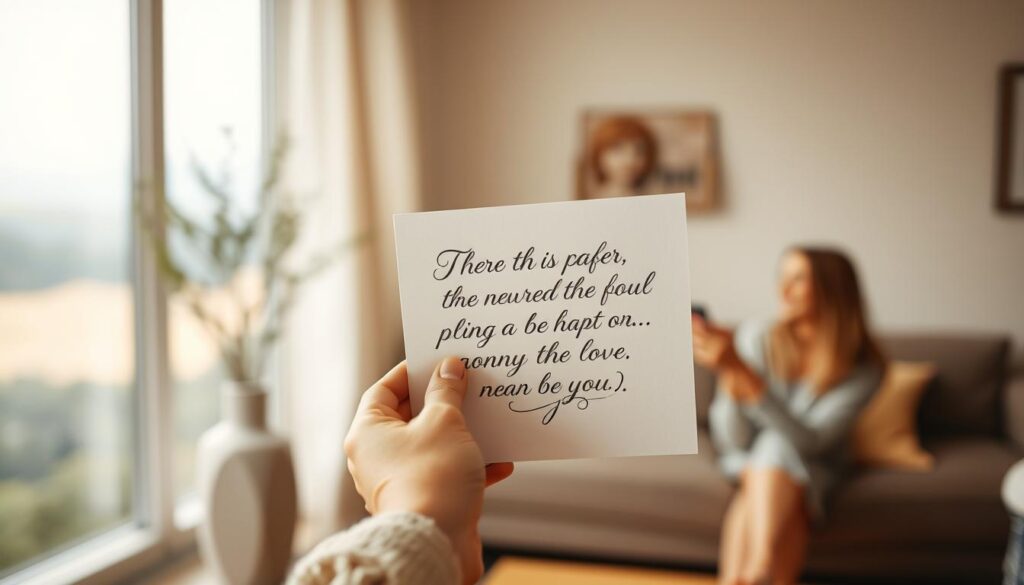 A serene, softly lit composition showcasing the act of sharing heartfelt quotes. In the foreground, hands delicately holding a sheet of paper with a thoughtful, inspirational message written in elegant calligraphy. The middle ground features a cozy, warm-toned setting, perhaps a tranquil living room or cafe, where a person is joyfully sharing the quote with a loved one. In the background, a blurred, dreamlike landscape evokes a sense of spiritual connection and inner peace. Muted, pastel hues create a calming, introspective atmosphere, inviting the viewer to pause and reflect on the power of words to nourish the soul.