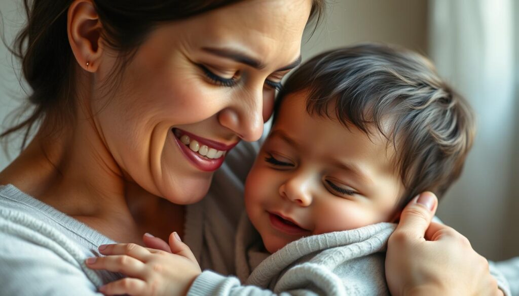 A serene, softly lit portrait of a mother and child, their expressions radiating heartfelt gratitude. The mother's face is illuminated by a warm, diffused light, her gaze filled with love and gentle adoration as she tenderly embraces her child. The child nestles into the mother's embrace, their eyes closed, conveying a sense of comfort, security, and deep appreciation. The background is blurred, allowing the viewer to focus solely on the intimate connection between the two figures. The overall mood is one of profound thankfulness, a genuine celebration of the bond between a mother and her child.
