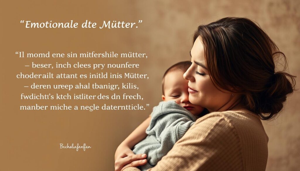A serene, softly lit portrait of a mother cradling her child, their expressions conveying profound emotional connection. The background is a warm, muted palette, with subtle textural details that evoke a sense of timelessness. The lighting is gentle, casting a delicate glow on their faces, emphasizing the tenderness of the moment. The overall composition is balanced and harmonious, drawing the viewer's attention to the intimate bond between the two figures. This image captures the essence of the "Emotionale Zitate über Mütter" section, reflecting the heartfelt sentiments of renowned individuals regarding the profound impact of motherhood.