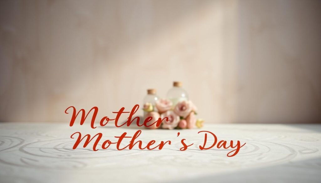 A serene, softly lit scene depicting emotionally evocative handwritten words, rendered in a warm, elegant script against a muted, textured background. The foreground features delicate calligraphic strokes in shades of deep red and amber, conveying heartfelt sentiments about a mother's love. The middle ground showcases a subtle floral arrangement, with muted, pastel-hued blooms complementing the emotional tone. The background is a subtly patterned, neutral-toned surface that creates a sense of intimacy and thoughtfulness. Gentle shadows and highlights lend depth and a sense of artistry to the overall composition, which evokes a reverent, tender atmosphere befitting a Mother's Day celebration.
