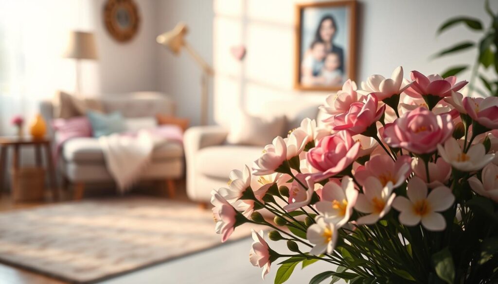 A serene, softly lit scene depicting the essence of Mother's Day. In the foreground, a bouquet of delicate flowers, their petals glowing with warm, natural light. Surrounding the flowers, a vignette of heartfelt handmade cards and crafts, a testament to the love and appreciation for motherhood. In the middle ground, a cozy, inviting living space, with a plush armchair and a framed family portrait, conveying the comfort and cherished moments of the holiday. The background gently fades into a tranquil, pastel-hued environment, evoking a sense of peace and mindfulness. The overall composition radiates a harmonious, sentimental atmosphere, capturing the profound meaning and significance of Mother's Day.
