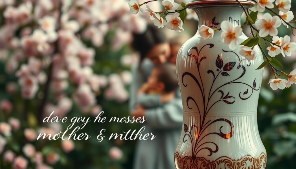A serene, softly lit scene depicting the essence of poetic phrases for mothers. In the foreground, a delicate calligraphic script unfurls, the words evoking a sense of warmth and affection. In the middle ground, a mother gently cradling her child, their faces reflected in the glazed ceramic surface of an ornate vase. The background features a lush, impressionistic garden, with blossoms in pastel hues drifting on a gentle breeze. Soft, diffused lighting bathes the entire scene, creating an atmosphere of tranquility and contemplation. The overall mood is one of tenderness, intimacy, and the profound meaning conveyed through the power of poetic language.