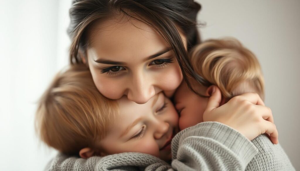 A serene, softly-lit scene of a mother and child embracing tenderly, their faces expressing deep love and affection. The mother's gaze is filled with warmth and adoration as she holds her child close, conveying the profound emotional connection between them. The background is blurred, keeping the focus on the intimate moment. Subtle, muted tones create a sense of tranquility and heartfelt emotion. Captured with a shallow depth of field and soft, diffused lighting to evoke the cherished, treasured nature of motherhood.