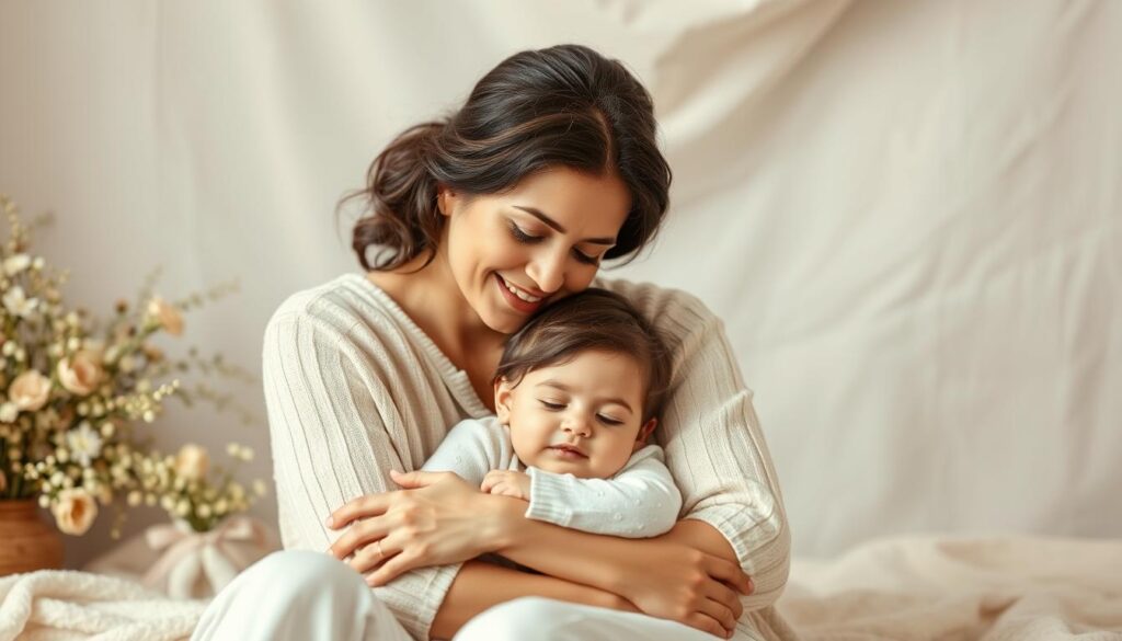 A serene, softly-lit scene of a mother and child sitting together, tenderly embracing. The mother's face exudes warmth and wisdom, her gaze conveying the depth of her unconditional love. The child nestles into her, radiating a sense of comfort and security. In the muted background, delicate floral arrangements and gentle textures create a soothing, contemplative atmosphere. The overall mood evokes the profound significance of motherly affection and the heartfelt sentiments that motivate Mothers' Day tributes and DIY projects.