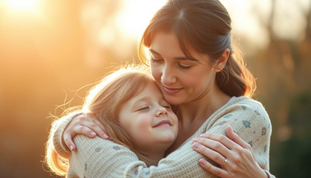 A serene, softly-lit scene of a mother and daughter embracing, their faces radiant with love and admiration. The mother, her gentle gaze inspiring, serves as a beacon of strength and wisdom. The daughter, looking up to her with reverence, finds comfort and guidance in her mother's embrace. Warm hues permeate the frame, creating an atmosphere of harmony and nurturing. The scene is captured through a lens that emphasizes the connection and unity between these two figures, portraying mothers as cherished role models and sources of inspiration.