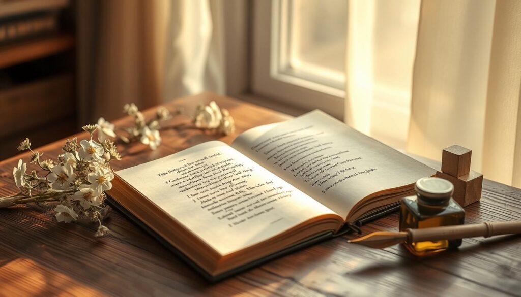 A serene, softly lit scene of a poetry book resting on a wooden table, surrounded by delicate flowers, a quill pen, and ink well. Sunlight filters through a nearby window, casting a warm, golden glow over the composition. The book's pages are open, revealing handwritten verses that evoke themes of motherly love and appreciation. A sense of reverence and inspiration fills the air, as if the words on the page could spring to life. The overall mood is one of quiet contemplation and heartfelt gratitude.