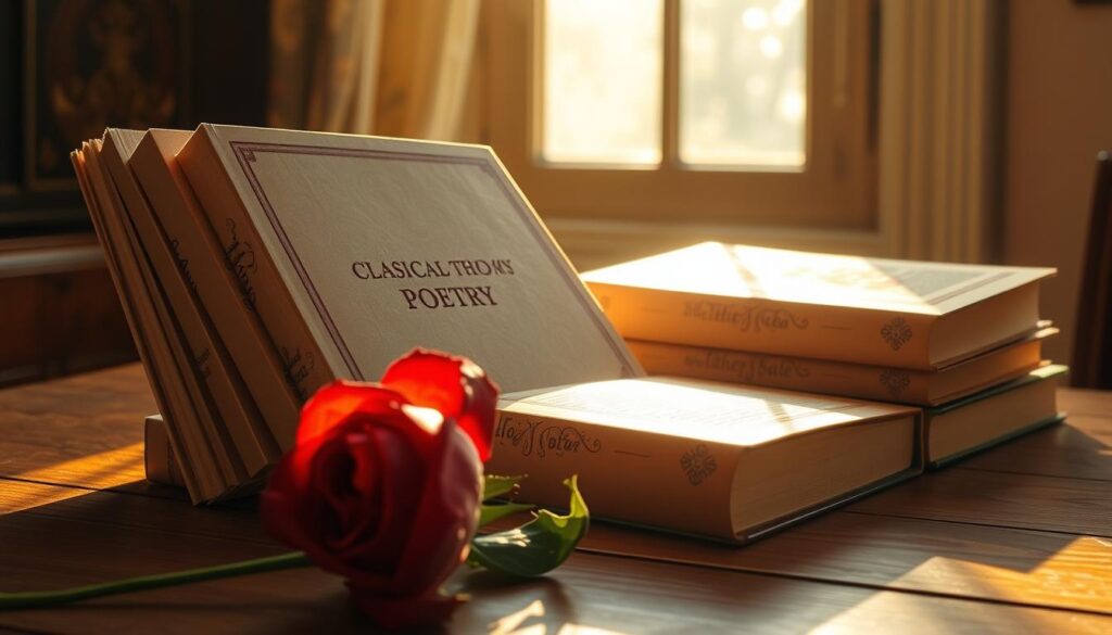 A serene, softly lit scene of classical poetry books, their covers adorned with delicate floral patterns, resting on a wooden table. Sunlight filters in through a window, casting a warm, golden glow across the arrangement. In the foreground, a single red rose, its petals unfurling, serves as a symbol of motherly love. The overall mood is one of elegance and timelessness, evoking the refined spirit of traditional Mother's Day celebrations.