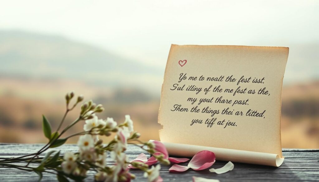 A serene, softly lit scene with a delicate floral arrangement in the foreground, petals gently falling. In the middle ground, a handwritten message in calligraphy style on an aged paper scroll, the words evoking heartfelt emotion. The background features a blurred, dreamlike landscape in muted tones, creating a sense of tranquility and introspection. The overall composition conveys a pensive, contemplative mood, inviting the viewer to reflect on the touching sentiment expressed.