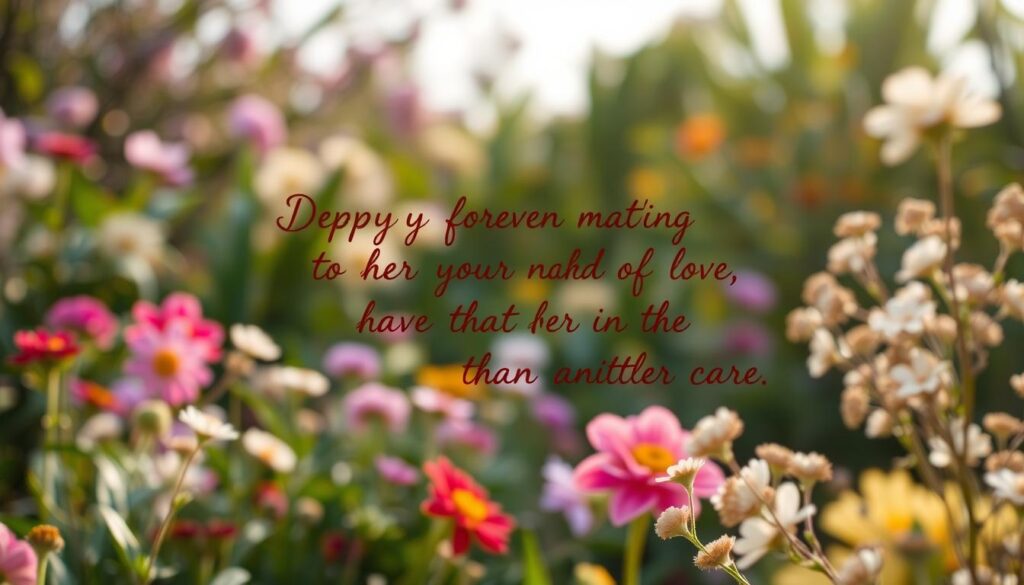 A serene spring garden, with vibrant flowers and lush foliage in the background. In the foreground, a handwritten, calligraphic message in a warm, earthy color palette, conveying heartfelt appreciation and gratitude for a mother's love and care. The message is elegantly framed by delicate floral accents, creating a harmonious and sentimental composition. Soft, diffused lighting casts a gentle glow, enhancing the intimate and heartwarming atmosphere. The scene is captured with a shallow depth of field, ensuring the message is the focal point, while the garden provides a beautiful, natural backdrop.