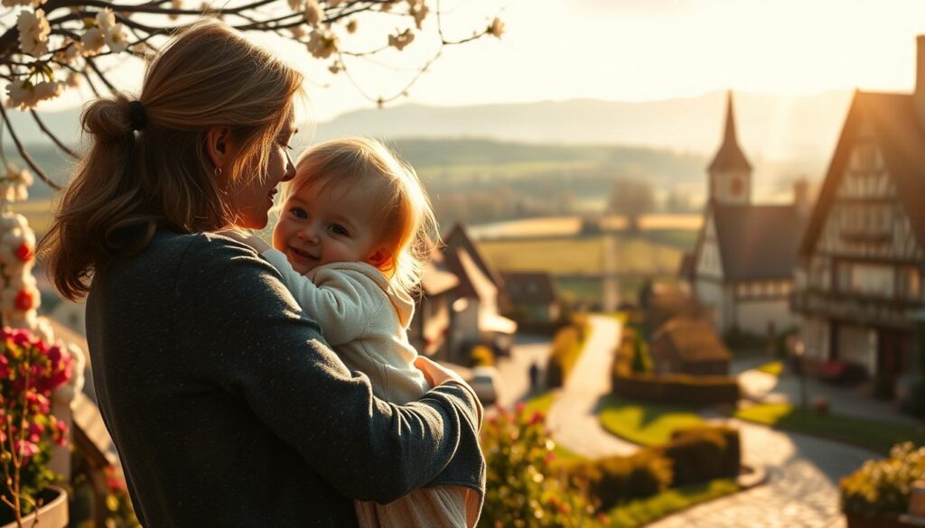 A serene springtime scene depicting the origin of Mother's Day. In the foreground, a tender moment between a mother and child, their embrace radiating warmth and affection. The middle ground features a quaint German village, cobblestone streets and half-timbered houses bathed in soft, golden light. In the background, a rolling countryside landscape with lush meadows and a distant church steeple, symbolizing the traditional and historical roots of this cherished celebration. The overall atmosphere is one of familial love, nostalgia, and the reverence for motherhood, captured through a cinematic, painterly lens.