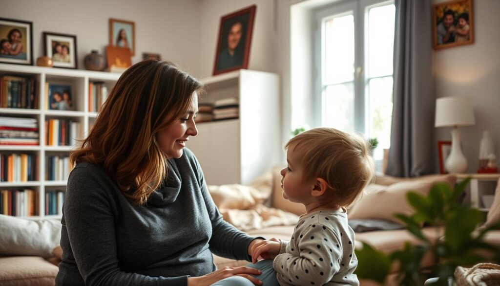 A serene suburban home, the walls adorned with carefully curated family photos. In the foreground, a mother and child engage in a heartfelt conversation, their expressions conveying the power of words to shape a child's development. Soft, natural lighting filters through the windows, creating a warm, nurturing atmosphere. In the background, a bookshelf overflows with volumes on parenting, a testament to the mother's dedication to her role. The scene evokes the profound impact of language and communication within the realm of parenthood, capturing the essence of "Die Macht der Worte in der Elternschaft."