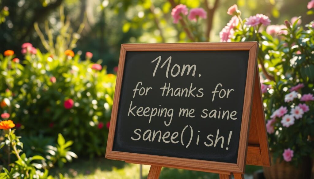 A serene, sun-dappled garden setting with lush greenery and vibrant flowers in the background. In the foreground, a handwritten chalkboard-style sign displays an emotionally resonant, yet humorous mother's day message in a stylized calligraphic font, e.g. "Mom, thanks for keeping me sane(ish)!" The lighting is warm and soft, creating a cozy, intimate atmosphere. The composition is balanced and visually pleasing, drawing the viewer's eye to the central message.