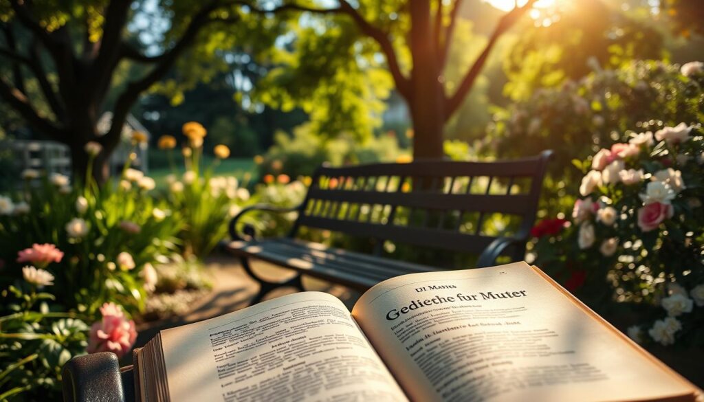 A serene, sun-dappled garden with a cozy bench nestled amongst lush greenery and blooming flowers. In the foreground, an open leather-bound book rests upon the bench, its pages rustling in the gentle breeze. The book's cover bears the title "Gedichte für Mütter" in an elegant, gilded font. Soft, warm lighting filters through the canopy of trees, casting a peaceful glow over the scene. The atmosphere is one of quiet contemplation and heartfelt appreciation, inviting the viewer to immerse themselves in the inspirational poetry within.