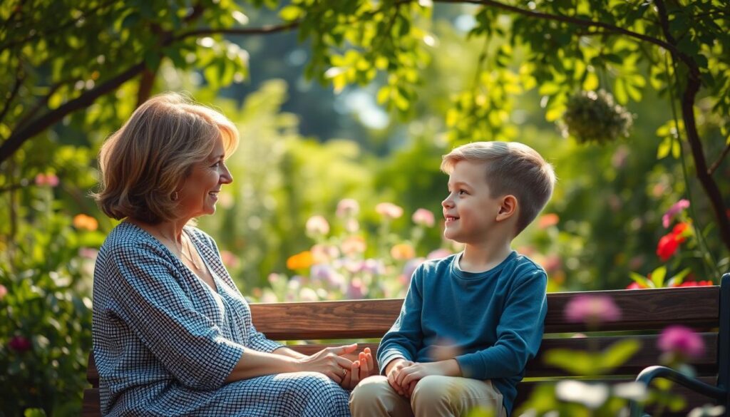 A serene, sun-dappled garden with lush greenery and vibrant flowers in the background. In the middle ground, a mother and son sit on a wooden bench, engaged in a heartfelt conversation. The son's expression is one of reverence and appreciation, his eyes shining with adoration as he listens intently to his mother's words. Gentle lighting filters through the foliage, casting a warm, soft glow on the pair, evoking a sense of intimacy and cherished moments. The overall mood is one of genuine connection, respect, and the timeless bond between a mother and her son.
