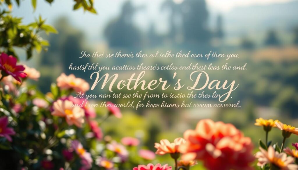 A serene, sun-dappled garden with vibrant flowers in the foreground. In the middle ground, a delicate calligraphy of heartfelt, emotive Mother's Day phrases floats ethereally, rendered in a warm, shimmering palette. The background depicts a soft, hazy landscape, the horizon blurred, creating a sense of timeless tranquility. The overall atmosphere is one of tenderness, reverence, and profound appreciation, reflecting the deep emotional significance of Mother's Day sentiments from around the world.