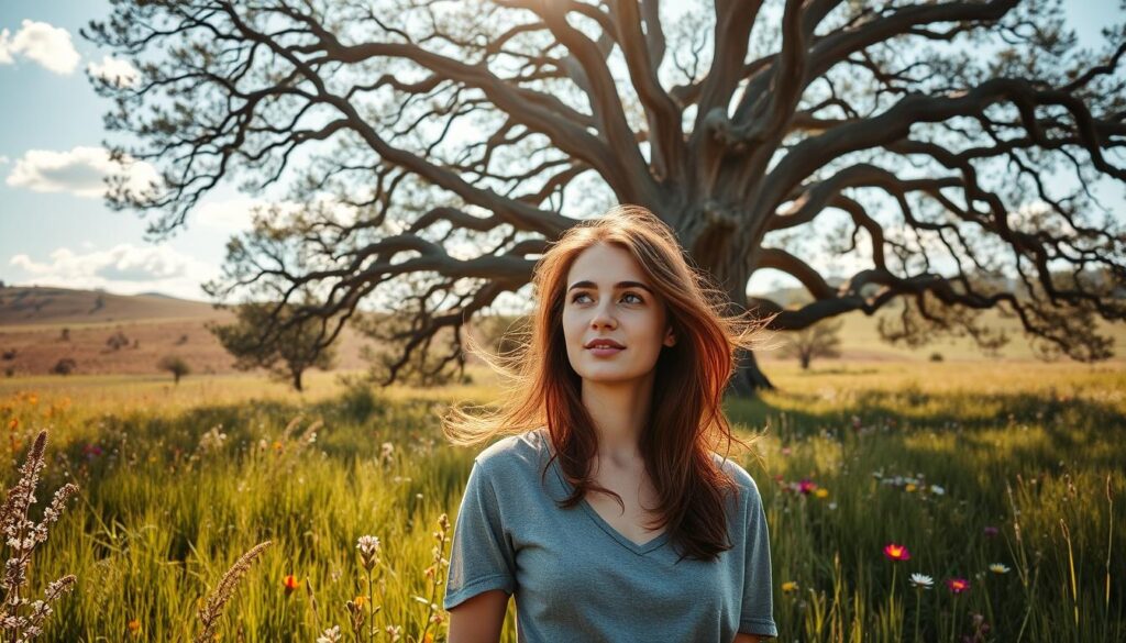 A serene, sun-dappled meadow, lush with vibrant wildflowers and verdant grasses. In the foreground, a young woman stands in a thoughtful pose, her gaze uplifted, her expression radiating a sense of tranquility and inner strength. Wisps of her chestnut hair dance in the gentle breeze. Behind her, a towering, ancient oak tree spreads its gnarled, weathered branches, casting a warm, dappled light across the scene. In the distance, a rolling hillside crowned with a scattering of fluffy white clouds. The overall mood is one of contemplation, of the power and beauty inherent in the simple act of expressing gratitude and love through the "Kraft der Worte" - the strength and magic of words.