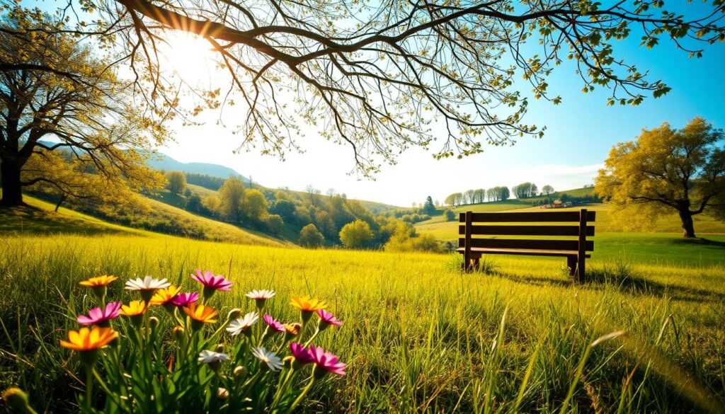 A serene, sun-dappled meadow on a picturesque spring day, with a bouquet of vibrant wildflowers nestled in the foreground, their petals gently swaying in a soft breeze. In the middle ground, a cozy, rustic wooden bench invites contemplation, while in the background, a rolling hillside dotted with lush, verdant trees creates a peaceful, pastoral scene. The warm, golden light filters through the branches, casting a soft, romantic glow over the entire composition. The mood is one of tranquility, reflecting the thoughtful introduction to the celebration of Muttertag.