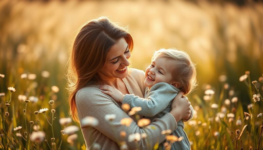 A serene, sun-dappled meadow, with delicate wildflowers swaying in a gentle breeze. In the center, a loving mother embraces her child, their expressions radiating heartfelt gratitude and deep emotional connection. Soft, warm lighting filters through the scene, creating a sense of intimacy and tenderness. The mother's gaze is filled with pride and adoration, while the child's face is alight with genuine appreciation. The background is slightly blurred, allowing the viewer to focus on the central figures and the meaningful moment they share. This evocative, timeless scene captures the essence of the emotional bond between a mother and child, a perfect representation of the "Emotionale Sprüche für den Muttertag".