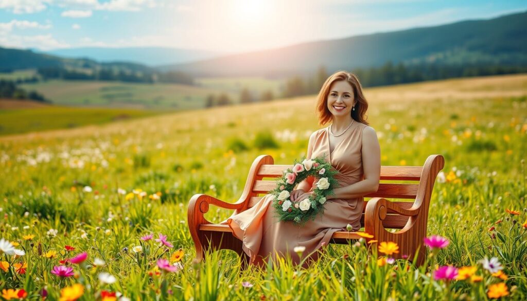 A serene, sun-dappled meadow, with lush, verdant grass and vibrant wildflowers in the foreground. In the middle ground, a warm, wooden bench sits, adorned with a delicate floral wreath. On the bench, a smiling woman, elegantly dressed, gazes lovingly at the viewer, her kind eyes and gentle expression radiating maternal warmth. The background is a picturesque landscape, with rolling hills, a distant forest, and a clear, azure sky above, illuminated by soft, golden light. The overall scene evokes a sense of tranquility, love, and appreciation for the best mother in the world.
