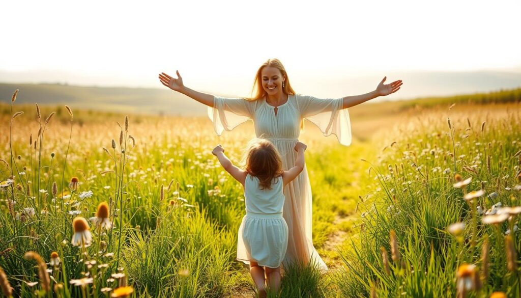 A serene, sun-dappled meadow, with lush wildflowers and tall grasses swaying in a gentle breeze. In the foreground, a mother figure stands, her arms outstretched in a graceful gesture of gratitude, her gentle expression radiating warmth and appreciation. Her flowing dress and hair evoke a sense of timelessness and reverence. In the middle ground, a young child runs towards her, their arms reaching up, conveying the unbreakable bond and unconditional love between mother and child. The background is a soft, hazy landscape, with rolling hills and a distant horizon, creating a sense of boundless, natural tranquility. The lighting is soft and natural, casting a warm, golden glow that imbues the scene with a sense of joy and serenity.