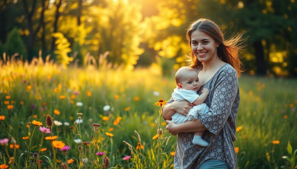 A serene, sun-dappled meadow with vibrant wildflowers swaying in a gentle breeze. In the foreground, a young mother walks, cradling her infant child, her face glowing with a radiant, maternal smile. The background features a lush, verdant forest, its canopy casting a warm, golden light upon the scene. The atmosphere is one of tranquility, love, and the quiet strength that comes with motherhood. A sense of quiet determination and resilience permeates the image, reflecting the motivating spirit of motherhood.