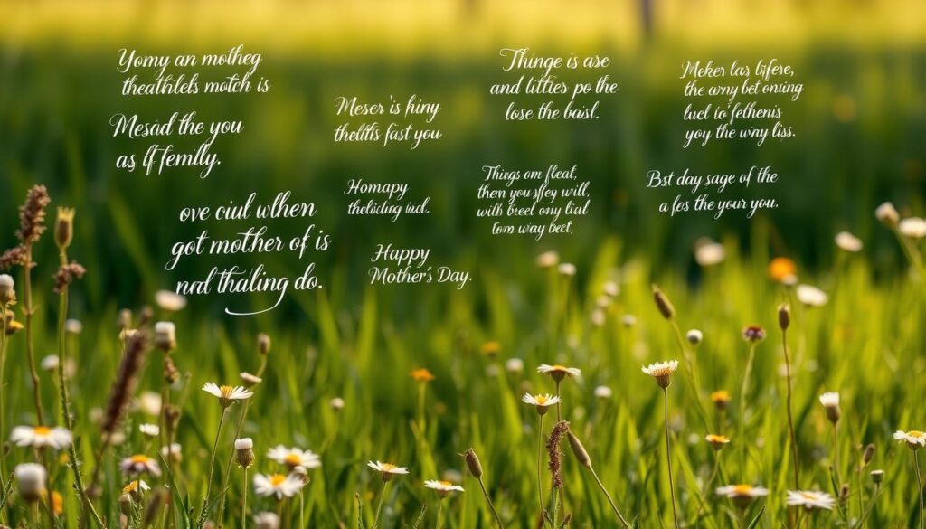 A serene, sun-dappled meadow, with wildflowers swaying gently in a soft breeze. Floating above the verdant scene, a collection of inspirational mother's day quotes, elegantly hand-lettered in a variety of calligraphic styles, each suspended in mid-air as if carried by the wind. The quotes, a tapestry of uplifting sentiments, radiate warmth and positivity, creating an atmosphere of appreciation and celebration for the maternal bond. The lighting is soft and natural, casting a golden glow over the entire composition. The angle is slightly elevated, allowing the viewer to take in the full expanse of the serene, picturesque setting.