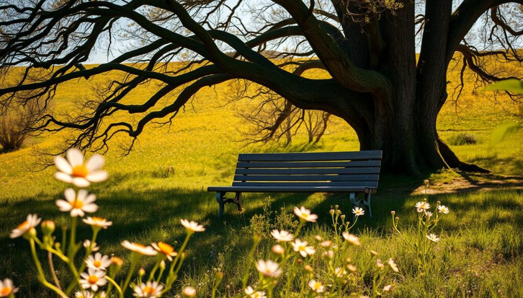 A serene, sun-dappled outdoor scene with a delicate bouquet of fresh wildflowers in the foreground, their petals swaying gently in a soft breeze. In the middle ground, a weathered wooden bench sits beneath a sprawling oak tree, casting dappled shadows across the scene. The background features a lush, verdant hillside dotted with vibrant wildflowers, creating a picturesque pastoral landscape. The lighting is soft and natural, with warm golden tones that imbue the image with a peaceful, romantic atmosphere. The overall composition evokes a sense of tranquility and nostalgia, as if capturing a moment of quiet reflection on a spring day.