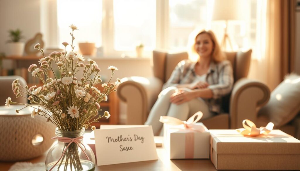A serene, sun-dappled scene of a cozy living room, filled with a variety of handmade Mother's Day surprises. In the foreground, a bouquet of freshly picked wildflowers stands in a vase, complemented by a delicately crafted card and a personalized gift box wrapped in pastel ribbons. The middle ground showcases a mother sitting on a plush armchair, her face aglow with joy as she admires the heartfelt creations of her children. The background features a large window, letting in warm, golden light that bathes the room in a soft, ethereal glow. The atmosphere is one of warmth, love, and the cherished moments shared between a mother and her family.