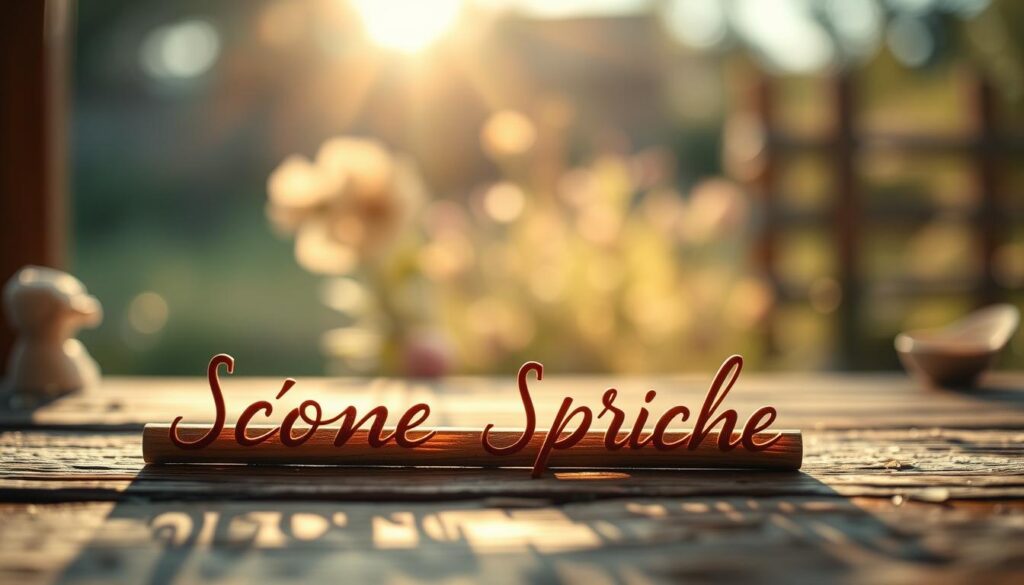 A serene, sun-dappled scene of a handwritten "Schöne Sprüche" elegantly gracing a rustic wooden surface. The foreground features the calligraphic script in warm earth tones, exuding a sense of cozy intimacy. The middle ground showcases soft, blurred floral accents, hinting at the natural beauty that inspires these thoughtful phrases. The background gently recedes into a hazy, golden-hour glow, creating an overall atmosphere of tranquility and contemplation. The composition is framed with a shallow depth of field, focusing the viewer's attention on the heartfelt message. Subtle vignetting and a touch of film grain lend a timeless, nostalgic quality to the image.