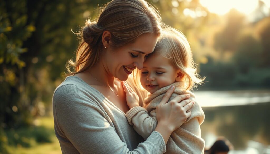 A serene, sun-dappled scene of a loving mother and child, the warmth of their embrace conveying the profound gratitude and appreciation a child holds for their mother. Soft, muted tones create an atmosphere of comfort and intimacy, while gentle lighting highlights the tenderness and reverence in their expressions. The background is a tranquil, nature-inspired setting, with lush greenery and a calming body of water that reflects the scene, emphasizing the depth of the bond. The composition is balanced and harmonious, directing the viewer's gaze to the central figures and the emotions they share.