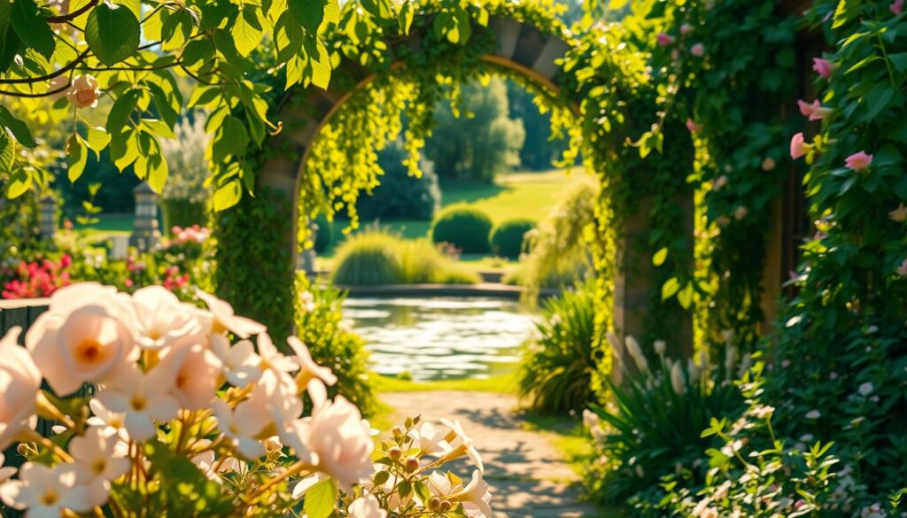 A serene, sun-dappled scene of a lush garden bursting with vibrant flowers and vines. In the foreground, a delicate bouquet of pastel-hued blossoms, their petals gently swaying in a soft breeze. In the middle ground, a tranquil pond reflects the verdant landscape, its surface rippling with gentle movements. The background features a charming stone archway, draped in cascading greenery, framing the serene vista. The warm, golden light filters through the leaves, casting a warm, ethereal glow over the entire scene. The overall mood is one of quiet celebration, a heartfelt tribute to the maternal figures who nurture and inspire us.