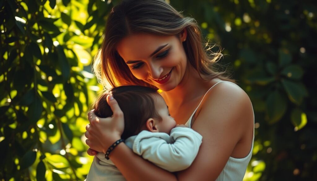 A serene, sun-dappled scene of a mother and child embracing tenderly against a backdrop of lush, verdant foliage. The mother's face is lit with a soft, loving expression as she gazes down at her child, who nuzzles into her warmth. The lighting is gentle, diffused, and romanticized, creating an atmosphere of heartfelt emotion and maternal affection. The composition is balanced, with the figures placed centrally, framed by the natural setting. The image conveys a sense of profound connection, cherished moments, and the profound bond between a mother and her child.