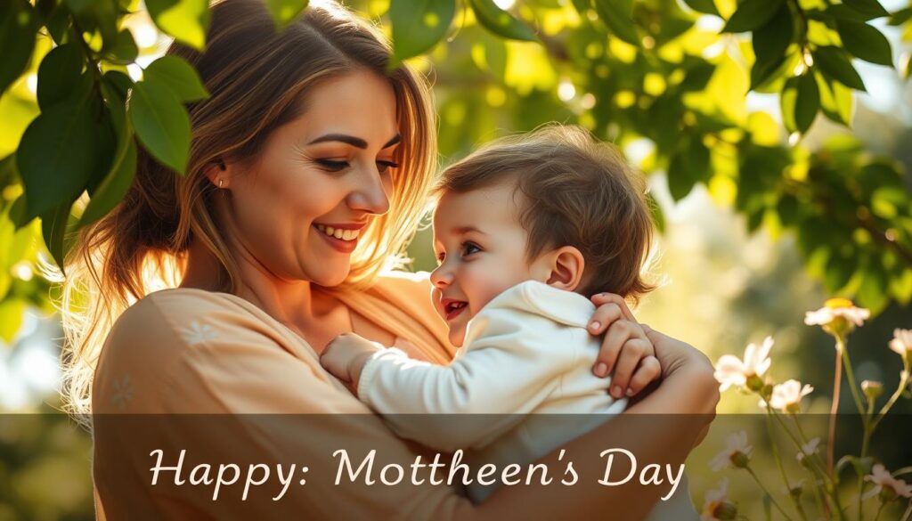 A serene, sun-dappled scene of a mother and child embracing, their emotional connection palpable. Soft, diffused light filters through a canopy of verdant leaves, casting a warm, golden glow upon their faces. The mother's expression is one of pure love and tenderness, her gaze fixed lovingly upon her child. The child, nestled in the mother's arms, radiates a sense of comfort and security. In the background, delicate wildflowers sway gently in a light breeze, adding to the tranquil, intimate atmosphere. The overall composition conveys a profound sense of the lasting bonds forged through heartfelt Mothers' Day wishes.