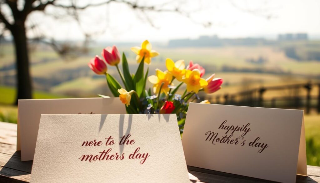 A serene, sun-dappled scene showcasing beautiful handwritten calligraphic phrases on elegant greeting cards. The cards are delicately positioned in the foreground, their textures and tones reflecting the warm, natural light. In the middle ground, a bouquet of vibrant spring flowers - tulips, daffodils, and forget-me-nots - add a touch of color and life. The background features a softly blurred pastoral landscape, with rolling hills and a distant tree line. The overall mood is one of tranquility, care, and heartfelt sentiment, perfectly suited for Mother's Day cards.