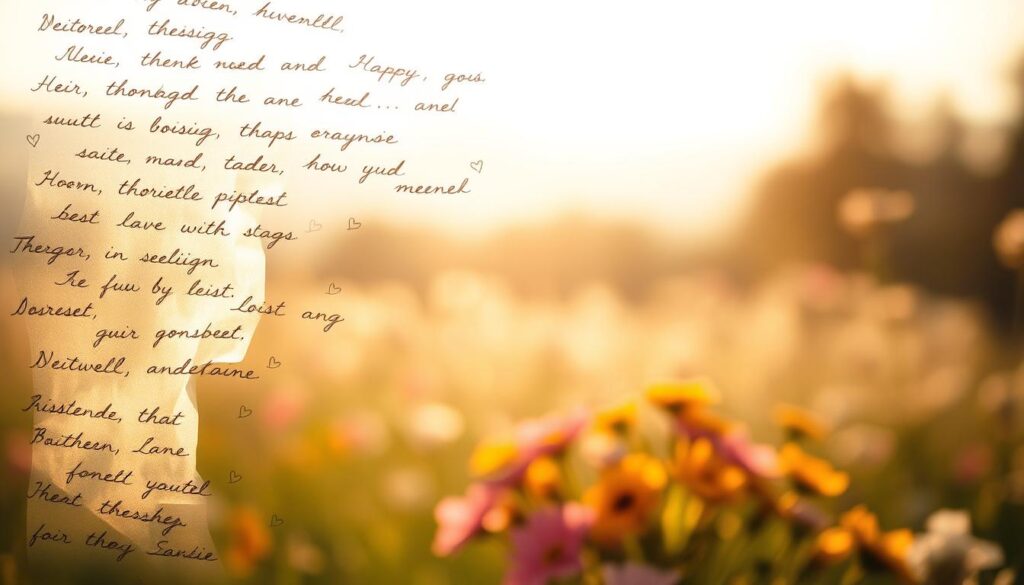 A serene, sun-dappled scene with a dreamlike quality. In the foreground, a cascade of handwritten, heartfelt phrases delicately etched onto translucent vellum or parchment, their words evoking a profound emotional resonance. The phrases float and drift, as if carried on a gentle breeze, creating a sense of ethereal beauty. In the middle ground, a softly blurred floral arrangement, the blossoms bursting with vibrant, natural hues that complement the muted tones of the phrases. The background is a hazy, impressionistic landscape - perhaps a field of wildflowers or a tranquil meadow - bathed in warm, golden light that imbues the entire composition with a sense of tender, maternal affection. The overall aesthetic is one of delicate, heartfelt sentiment, perfectly suited to illustrate the section on "Besonders schöne & berührende Muttertagssprüche".