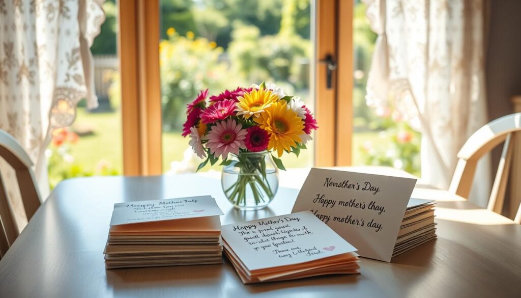 A serene, sun-drenched kitchen table, adorned with a bouquet of fresh flowers and a stack of colorful handwritten notes. The notes feature heartfelt Mother's Day messages, their words radiating warmth and gratitude. Soft natural light filters through lace curtains, casting a gentle glow on the scene. In the background, a view of a tranquil garden, its vibrant greenery and blooming blossoms symbolizing the eternal bond between mothers and their loved ones. The overall mood is one of reverence, appreciation, and the deep significance that Mother's Day sentiments hold for grandmothers and their families.