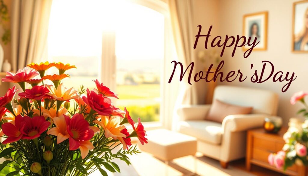 A serene, sun-drenched scene depicting the essence of Mother's Day. In the foreground, a bouquet of vibrant flowers, delicately arranged, symbolizing the love and appreciation for mothers. The middle ground features a cozy living room setting, with a comfortable armchair and a warm, inviting atmosphere. Through the window, the background reveals a picturesque countryside landscape, bathed in soft, golden light, conveying a sense of tranquility and connection to nature. The overall mood is one of gratitude, comfort, and the special bond between mothers and their loved ones.
