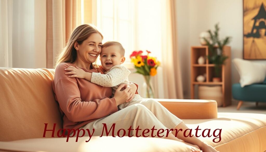 A serene, sun-drenched scene of a loving mother embracing her child, their faces alight with joy and gratitude. In the foreground, the pair sit on a plush, velvety couch, their forms softly illuminated by warm, diffused light filtering through gauzy curtains. In the middle ground, a vase of vibrant flowers adds a touch of elegant simplicity, while the background features a cozy, minimalist interior with natural wood accents and subtle pops of color. An atmosphere of tranquility and deep appreciation pervades the image, capturing the essence of Muttertag, the special day for mothers.