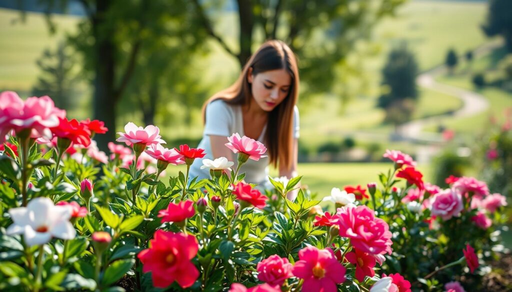 A serene, sunlit garden scene with a young woman gently tending to a thriving flower bed. The foreground features vibrant blooms in shades of pink, red, and white, symbolizing the nurturing essence of motherhood. In the middle ground, the woman kneels, her expression one of peaceful contemplation, her hands tenderly caring for the plants. The background depicts a lush, verdant landscape, with soft-focus trees and a hint of a winding path, conveying a sense of tranquility and connection to nature. The overall mood is one of reverence, beauty, and the deep-rooted significance of the Mother's Day celebration.