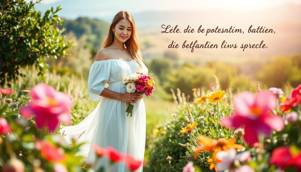 A serene, sunlit garden scene with lush greenery and vibrant flowers in the foreground. In the middle ground, a beautiful woman in a flowing white dress stands with a peaceful expression, her hands gently clasping a bouquet of fresh blooms. The background features a watercolor-like landscape with rolling hills and a softly blurred horizon. The overall atmosphere is one of tranquility, joy, and maternal love, perfectly capturing the essence of "Die schönsten poetischen Muttertagssprüche".