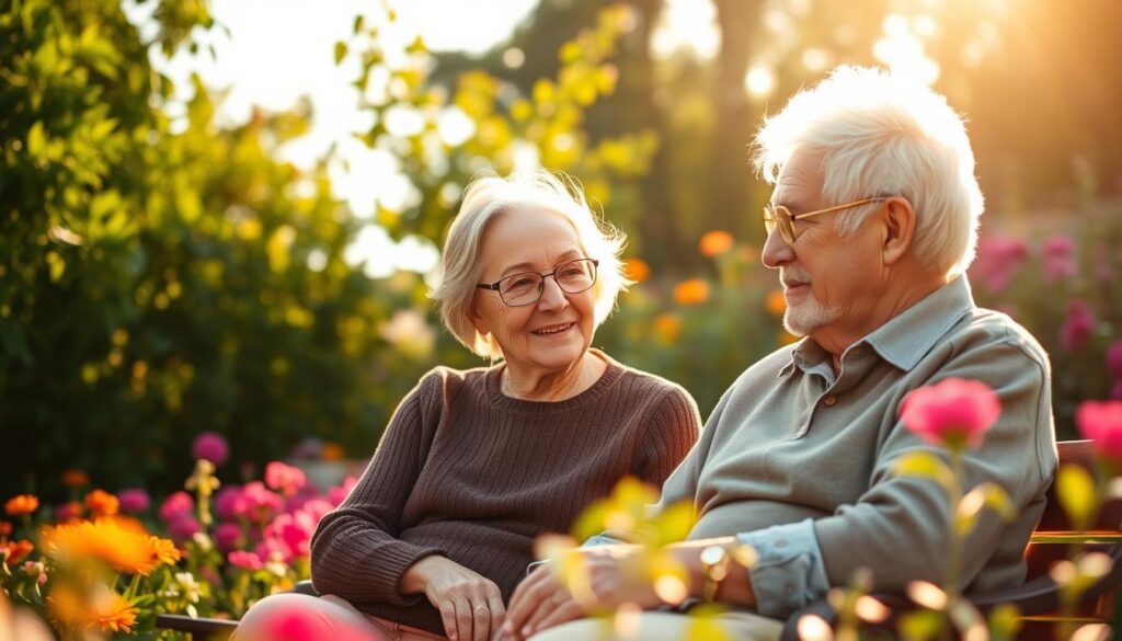 A serene, sunlit garden setting with lush foliage and vibrant flowers in the background. In the foreground, a wooden bench where an elderly couple sits, engaged in a heartfelt conversation. Their faces emanate a sense of wisdom and experience, with gentle smiles and contemplative expressions. The lighting is soft and warm, casting a golden glow that enhances the tranquil atmosphere. The overall scene conveys a feeling of sage advice and cherished moments shared between generations.
