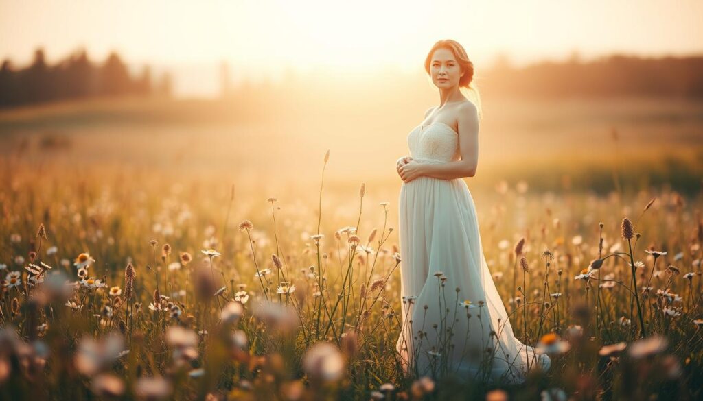 A serene, sunlit meadow adorned with delicate wildflowers, a soothing backdrop for a graceful, ethereal figure representing motherhood. This feminine embodiment stands tall, her expression radiating a sense of warmth, wisdom, and unwavering love. Soft, muted tones create an atmosphere of contemplation and reverence, inviting the viewer to pause and reflect on the profound impact of a mother's devotion. The tranquil scene evokes a sense of deep respect and veneration, capturing the essence of "respektvolle und ehrfürchtige Muttertagssprüche."