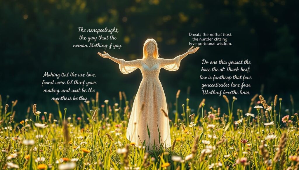 A serene, sunlit meadow filled with delicate wildflowers and lush greenery. In the foreground, a mother figure made of ethereal, shimmering light stands tall, her arms outstretched in a warm, embracing gesture. Surrounding her, floating metaphors and poetic phrases, crafted from gossamer wisps, convey the love, nurturing, and profound wisdom embodied in cherished Mother's Day sentiments. The scene is bathed in a soft, golden glow, creating an atmosphere of tenderness and reverence. Captured through a wide-angle lens, the composition invites the viewer to feel the profound connection between a mother and her children, as expressed through the timeless language of metaphor.