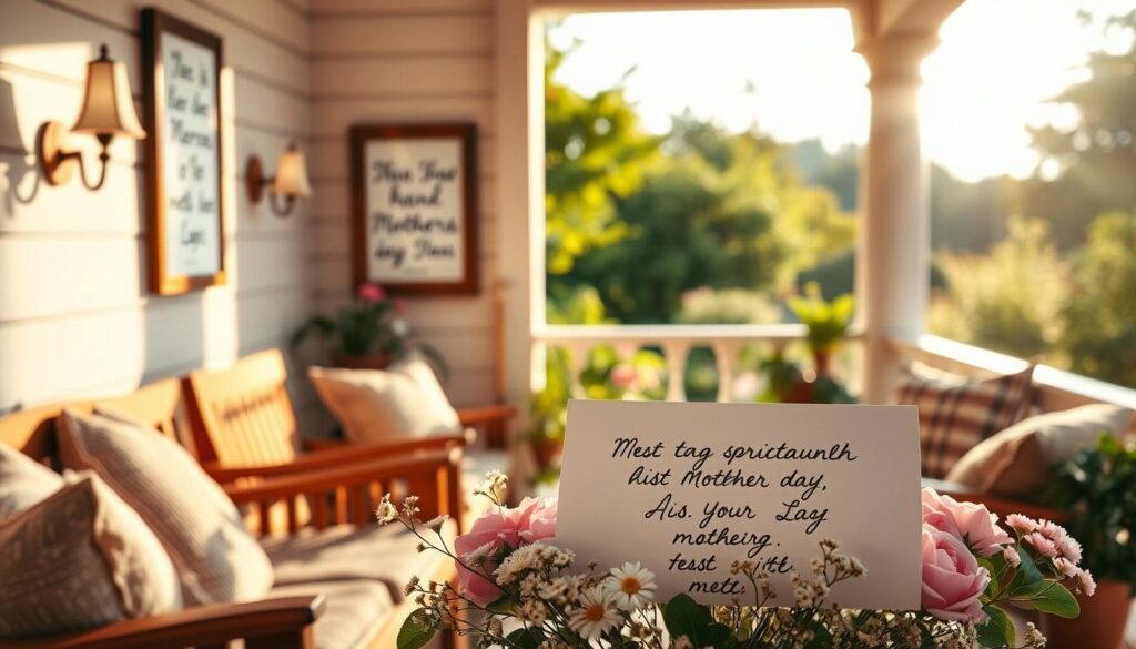 A serene, sunlit porch overlooking a lush garden, with framed inspirational "Muttertagssprüche" (Mother's Day quotes) hanging on the walls. Soft, warm lighting emanates from sconces, casting a cozy glow. Textured wooden furniture, plush cushions, and potted plants create a inviting, nurturing atmosphere. In the foreground, a handwritten note or card expresses heartfelt gratitude, surrounded by delicate floral arrangements. The composition conveys a sense of appreciation, reflection, and the profound significance of Mother's Day sentiments.