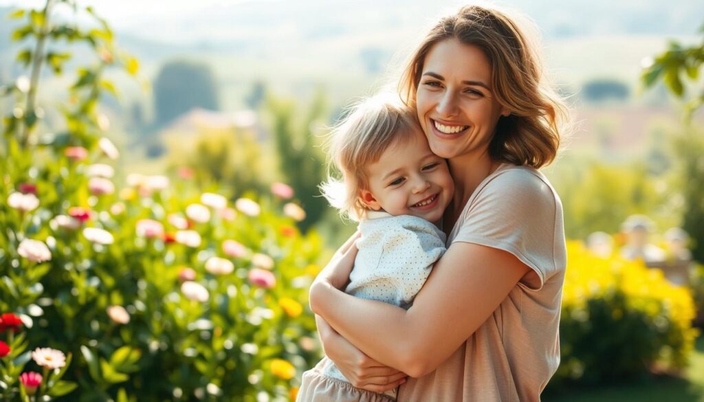 A serene, sunlit scene of a joyful mother and child embracing, their smiles radiating warmth and gratitude. The foreground features the pair, their tender connection captured in a gentle hug, the mother's face alight with love and appreciation. The middle ground showcases a lush, verdant garden, its vibrant flowers and foliage creating a nurturing, natural backdrop. The background gently fades into a soft, blurred landscape, the light filtering through in a picturesque, ethereal manner. The overall composition evokes a sense of peaceful, heartfelt appreciation, perfectly encapsulating the essence of "Worte der Dankbarkeit ausdrücken."